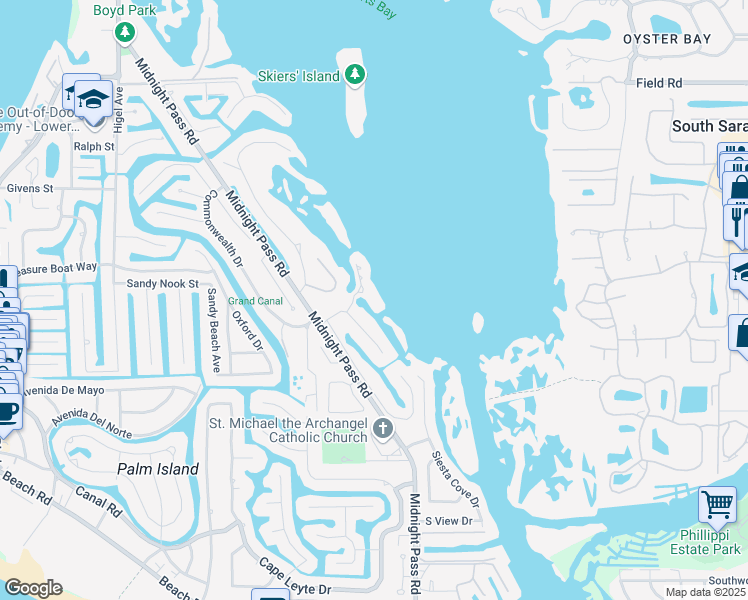 map of restaurants, bars, coffee shops, grocery stores, and more near 1300 Hidden Harbor Way in Siesta Key