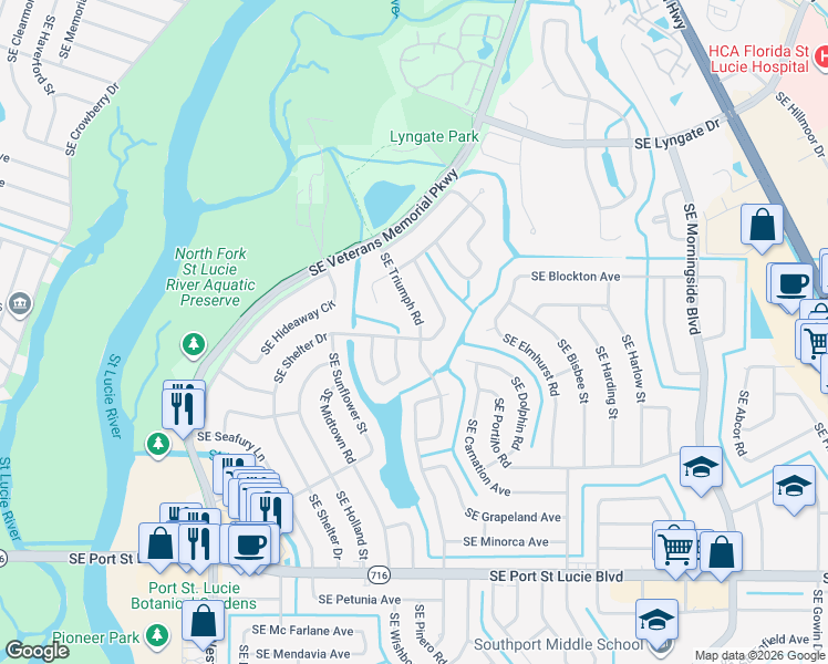 map of restaurants, bars, coffee shops, grocery stores, and more near 1901 Southeast Shelter Drive in Port St. Lucie