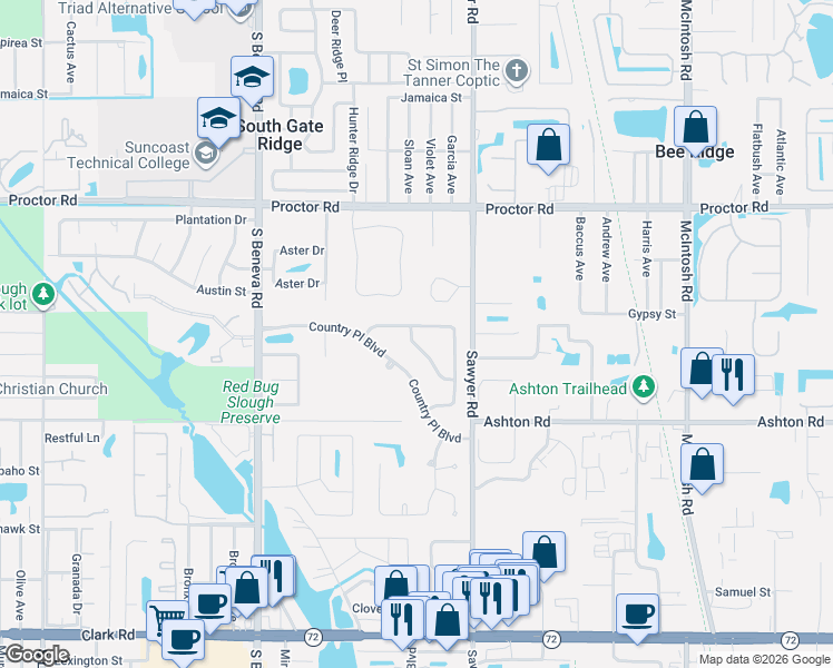 map of restaurants, bars, coffee shops, grocery stores, and more near 3815 Countryside Lane in Sarasota