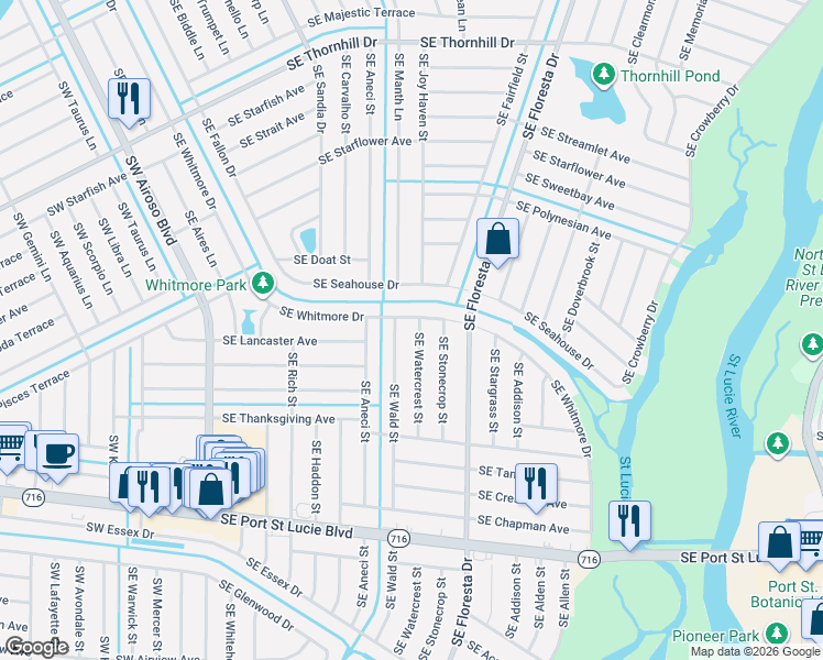 map of restaurants, bars, coffee shops, grocery stores, and more near 2058 Southeast Watercrest Street in Port St. Lucie