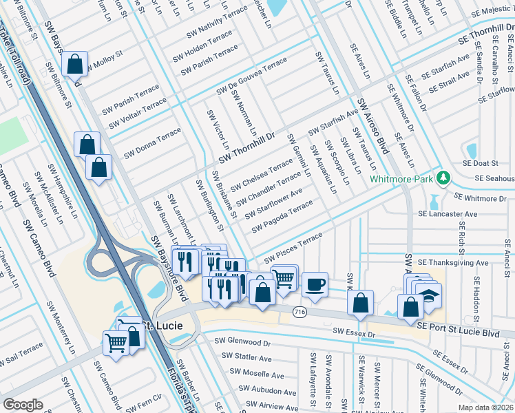 map of restaurants, bars, coffee shops, grocery stores, and more near 257 Southwest Starflower Avenue in Port St. Lucie