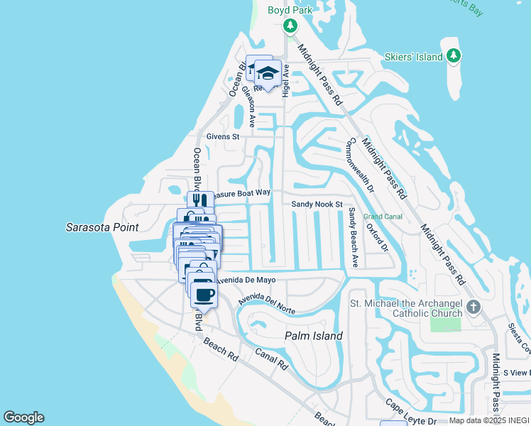 map of restaurants, bars, coffee shops, grocery stores, and more near 5059 Windward Avenue in Siesta Key