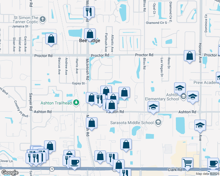 map of restaurants, bars, coffee shops, grocery stores, and more near 5040 Robinsong Road in Sarasota