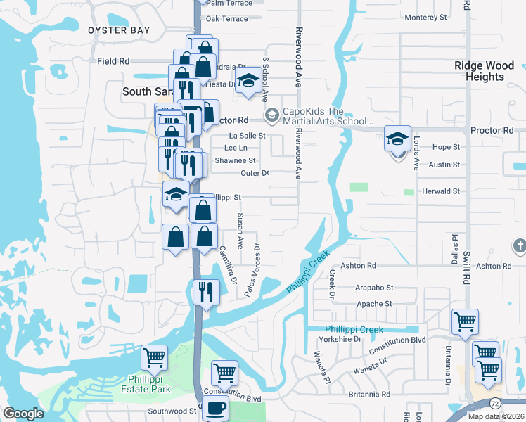map of restaurants, bars, coffee shops, grocery stores, and more near 2227 Alvarado Lane in Sarasota