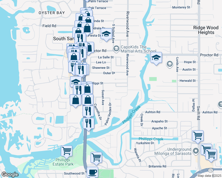 map of restaurants, bars, coffee shops, grocery stores, and more near 2227 Alvarado Lane in Sarasota