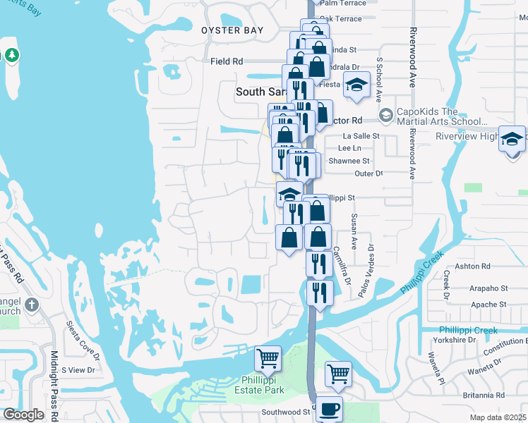 map of restaurants, bars, coffee shops, grocery stores, and more near 5027 Kestral Park Drive in Sarasota