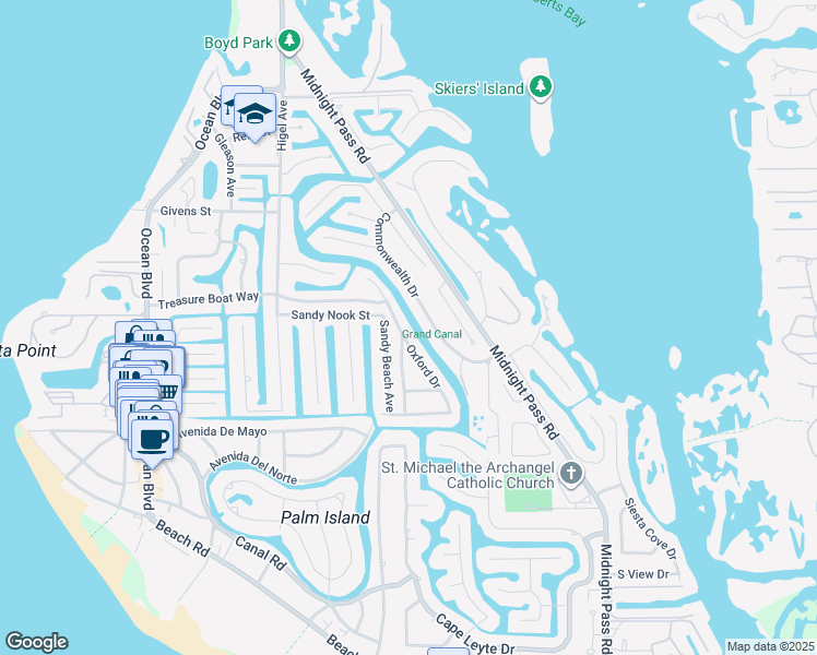 map of restaurants, bars, coffee shops, grocery stores, and more near 5029 Oxford Drive in Siesta Key