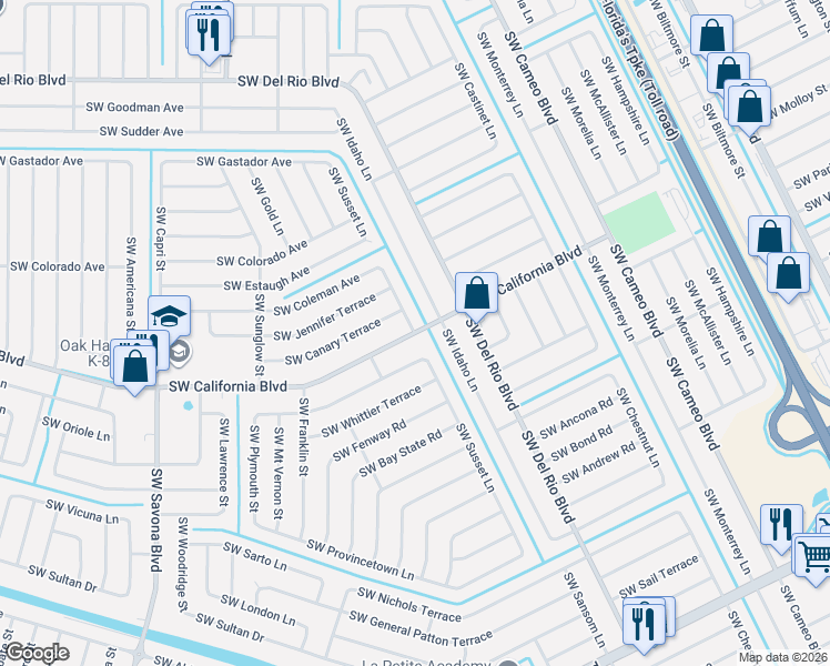 map of restaurants, bars, coffee shops, grocery stores, and more near 2073 Southwest Susset Lane in Port St. Lucie