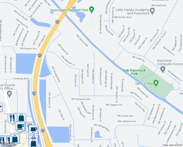 map of restaurants, bars, coffee shops, grocery stores, and more near 2110 Southwest Quarry Street in Port St. Lucie