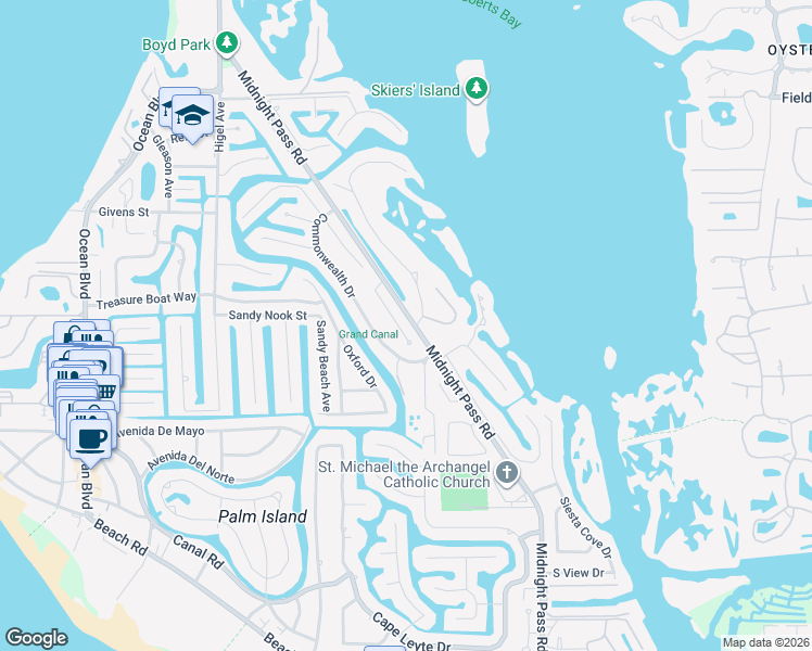 map of restaurants, bars, coffee shops, grocery stores, and more near 759 Birdsong Lane in Siesta Key