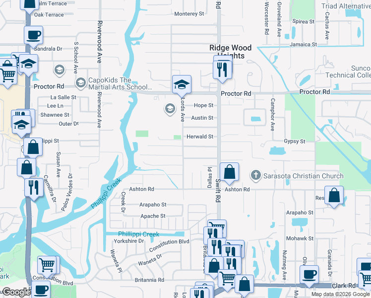 map of restaurants, bars, coffee shops, grocery stores, and more near 2616 Herwald Street in Sarasota
