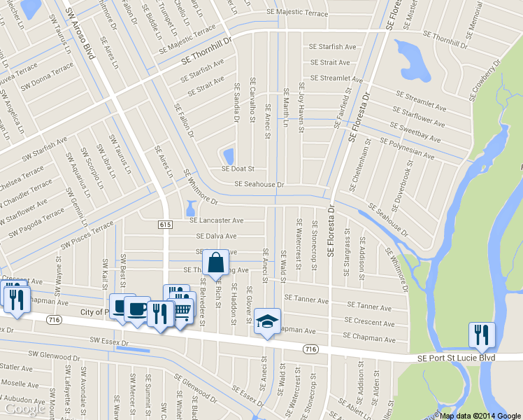 map of restaurants, bars, coffee shops, grocery stores, and more near 589 Southeast Whitmore Drive in Port St. Lucie
