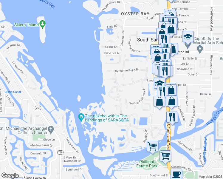 map of restaurants, bars, coffee shops, grocery stores, and more near 1380 Landings Point in Sarasota