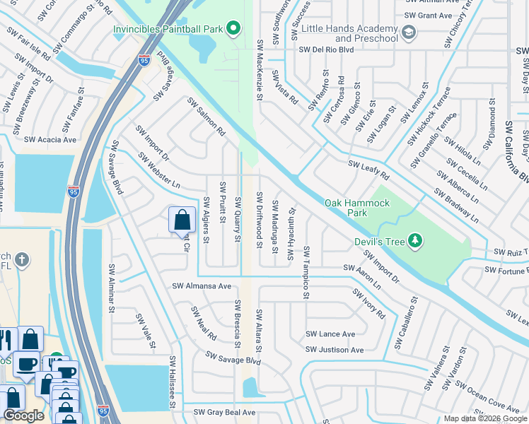 map of restaurants, bars, coffee shops, grocery stores, and more near 2028 Southwest Driftwood Street in Port St. Lucie