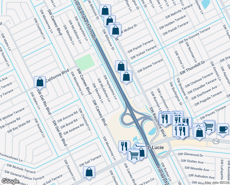 map of restaurants, bars, coffee shops, grocery stores, and more near 2019 Southwest Hampshire Lane in Port St. Lucie