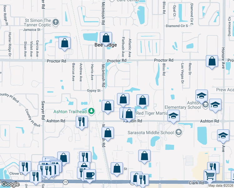 map of restaurants, bars, coffee shops, grocery stores, and more near 4905 Fallcrest Circle in Sarasota