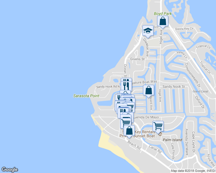 map of restaurants, bars, coffee shops, grocery stores, and more near 122 Sandy Hook Road North in Siesta Key