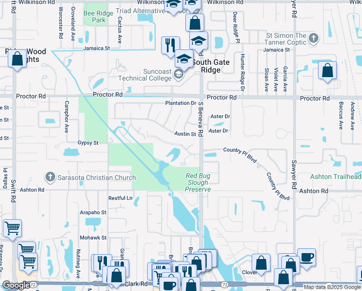 map of restaurants, bars, coffee shops, grocery stores, and more near 3516 Coronado Drive in Sarasota