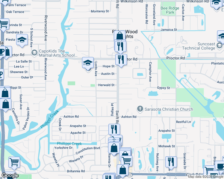 map of restaurants, bars, coffee shops, grocery stores, and more near 2720 Herwald Street in Sarasota
