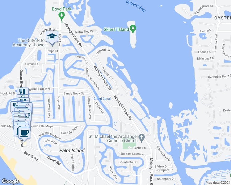 map of restaurants, bars, coffee shops, grocery stores, and more near 611 Tropical Cir in Sarasota