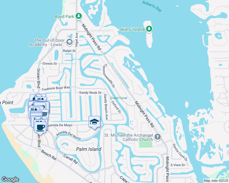 map of restaurants, bars, coffee shops, grocery stores, and more near 4934 Commonwealth Drive in Siesta Key