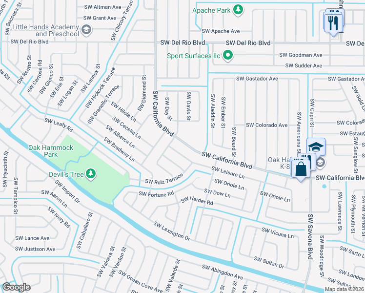 map of restaurants, bars, coffee shops, grocery stores, and more near 1574 Southwest California Boulevard in Port St. Lucie
