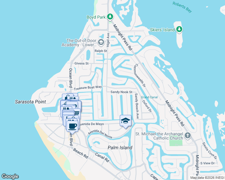 map of restaurants, bars, coffee shops, grocery stores, and more near 614 Treasure Boat Way in Siesta Key