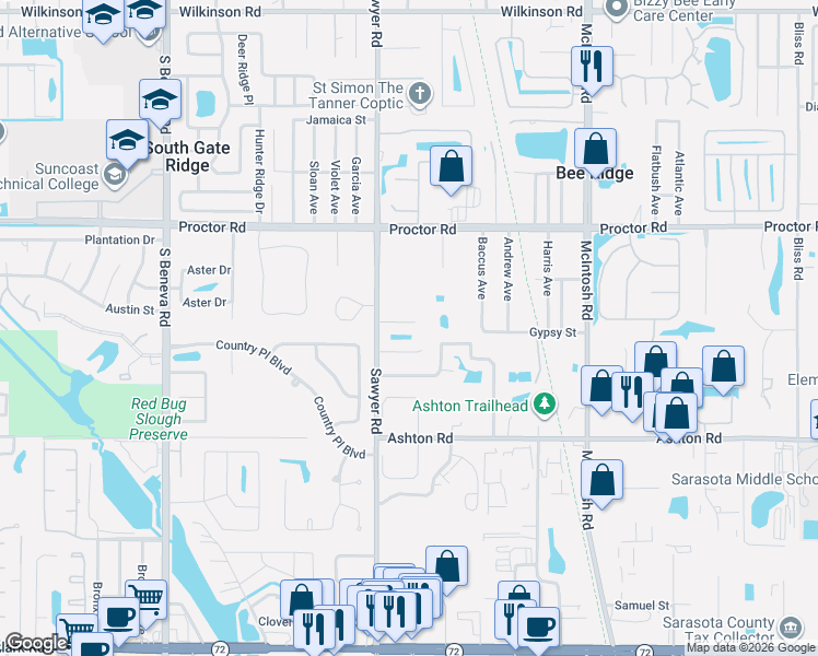 map of restaurants, bars, coffee shops, grocery stores, and more near 4050 Giannini Lane in Sarasota