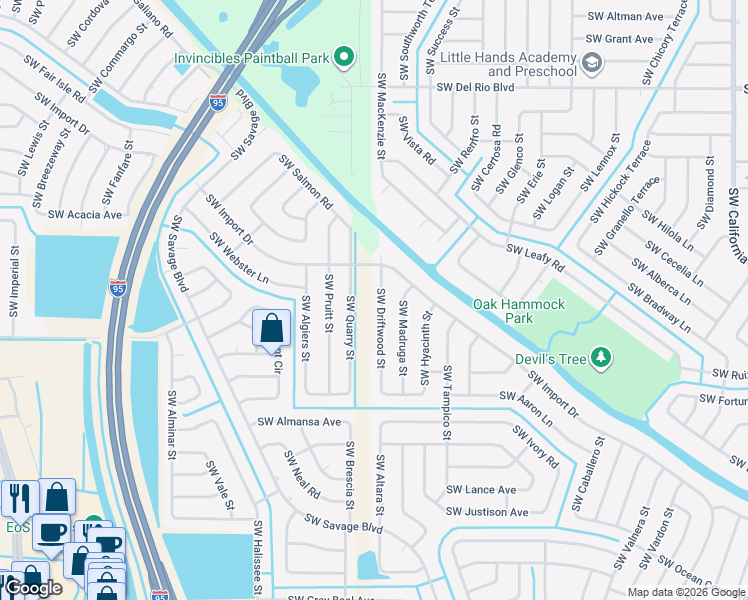 map of restaurants, bars, coffee shops, grocery stores, and more near 2028 Southwest Driftwood Street in Port St. Lucie