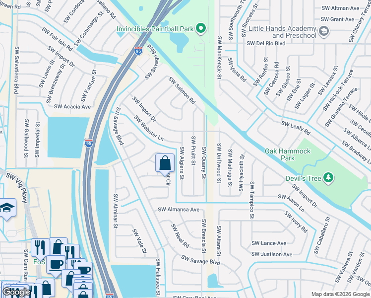 map of restaurants, bars, coffee shops, grocery stores, and more near 2068 Southwest Algiers Street in Port St. Lucie