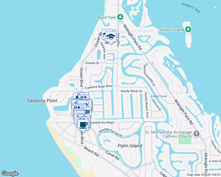 map of restaurants, bars, coffee shops, grocery stores, and more near 512 Treasure Boat Way in Siesta Key