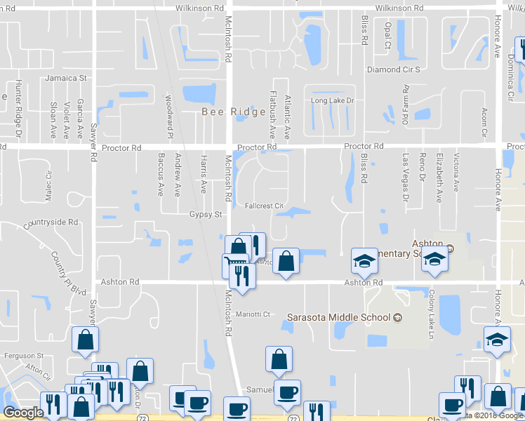 map of restaurants, bars, coffee shops, grocery stores, and more near 4905 Fallcrest Circle in Sarasota