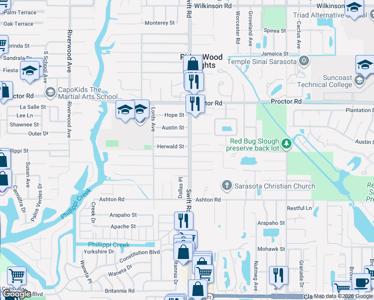 map of restaurants, bars, coffee shops, grocery stores, and more near 2720 Herwald Street in Sarasota
