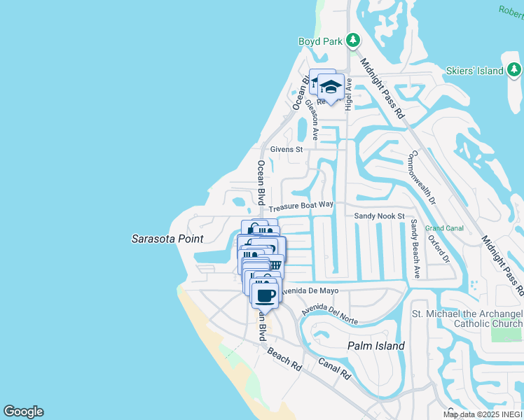 map of restaurants, bars, coffee shops, grocery stores, and more near Ocean Boulevard in Siesta Key