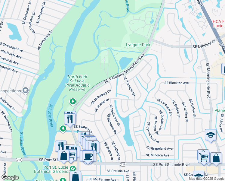 map of restaurants, bars, coffee shops, grocery stores, and more near 2021 Southeast Hideaway Circle in Port St. Lucie