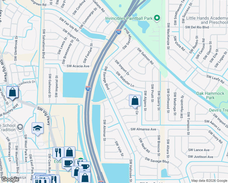 map of restaurants, bars, coffee shops, grocery stores, and more near 2490 Southwest Red Terrace in Port St. Lucie