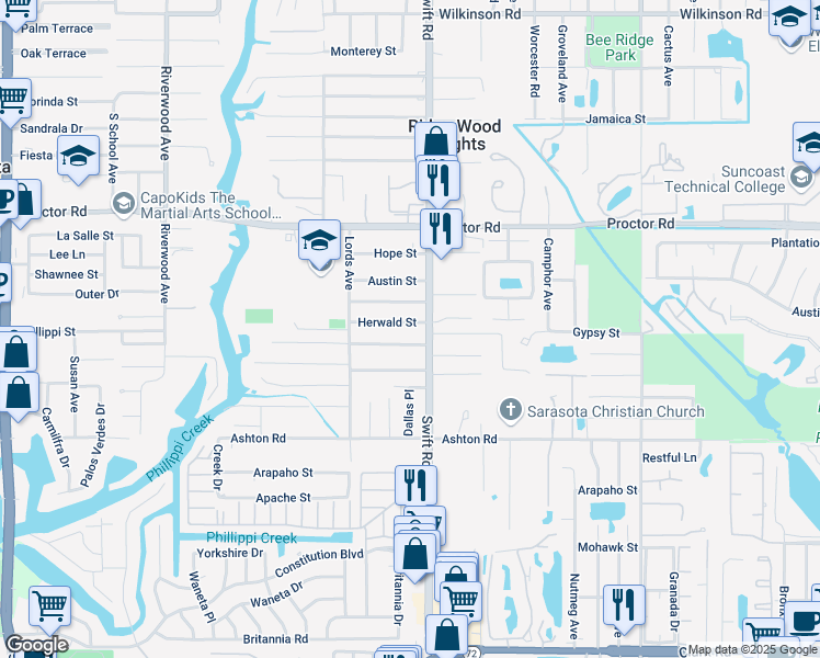 map of restaurants, bars, coffee shops, grocery stores, and more near 2720 Herwald Street in Sarasota