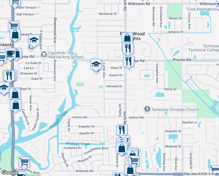 map of restaurants, bars, coffee shops, grocery stores, and more near 2616 Herwald Street in Sarasota