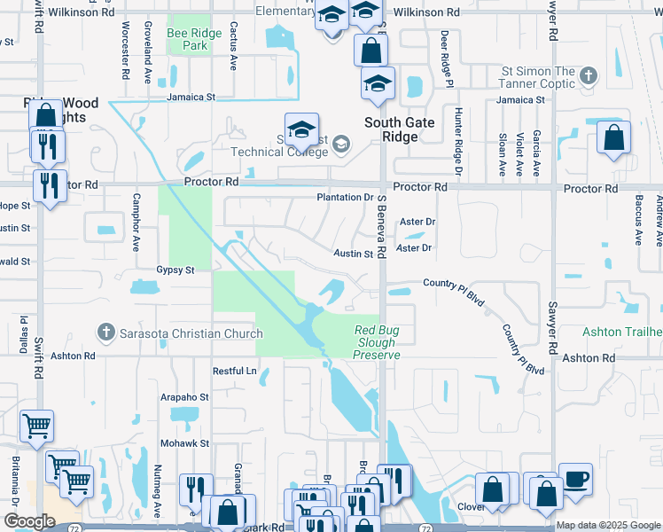map of restaurants, bars, coffee shops, grocery stores, and more near 3449 Coronado Drive in Sarasota