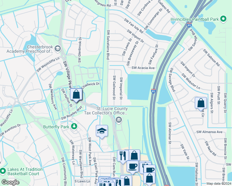 map of restaurants, bars, coffee shops, grocery stores, and more near 2125 Southwest Gailwood Street in Port St. Lucie