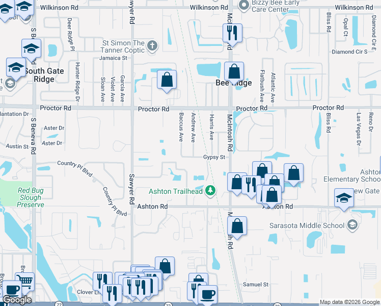 map of restaurants, bars, coffee shops, grocery stores, and more near 4931 Baccus Avenue in Sarasota