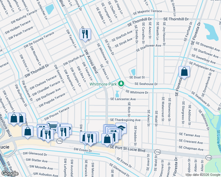 map of restaurants, bars, coffee shops, grocery stores, and more near 332 Southeast Pisces Terrace in Port St. Lucie