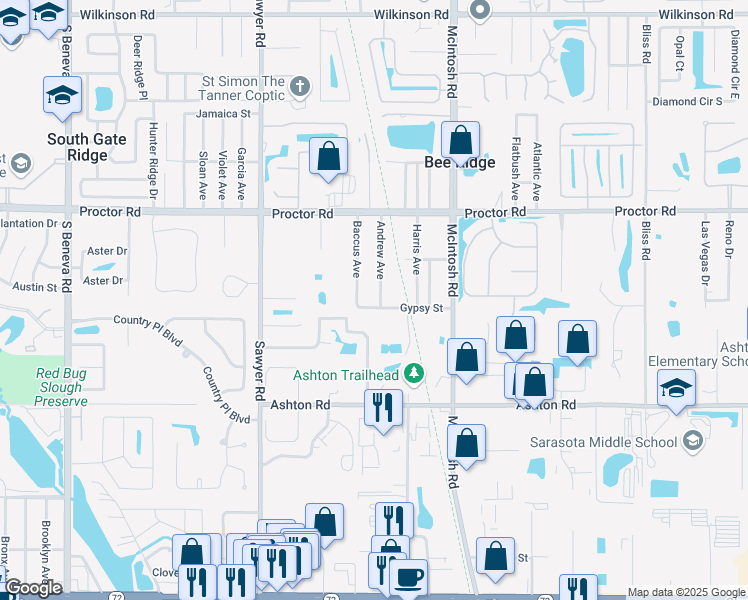 map of restaurants, bars, coffee shops, grocery stores, and more near 4931 Baccus Avenue in Sarasota