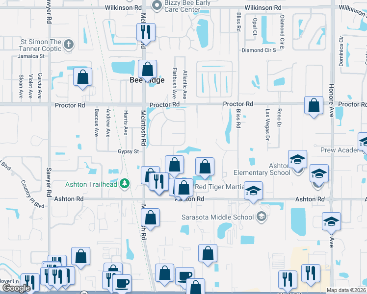 map of restaurants, bars, coffee shops, grocery stores, and more near 4931 Fallcrest Circle in Sarasota