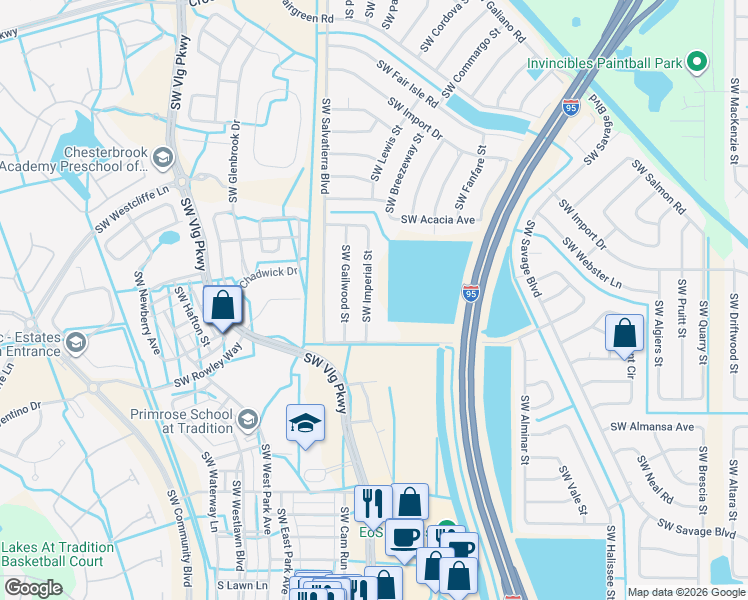 map of restaurants, bars, coffee shops, grocery stores, and more near 2125 Southwest Imperial Street in Port St. Lucie