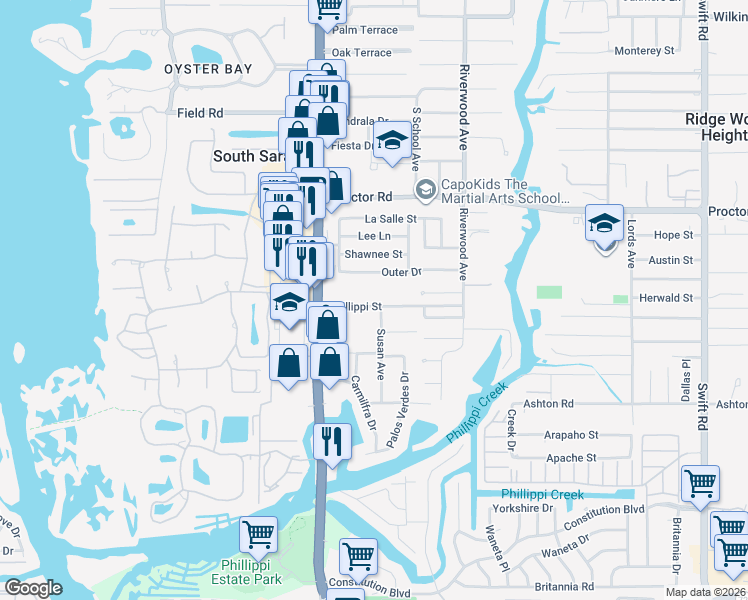 map of restaurants, bars, coffee shops, grocery stores, and more near 2123 Phillippi Street in Sarasota