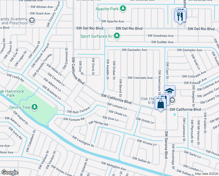map of restaurants, bars, coffee shops, grocery stores, and more near 2098 Southwest Ember Street in Port St. Lucie