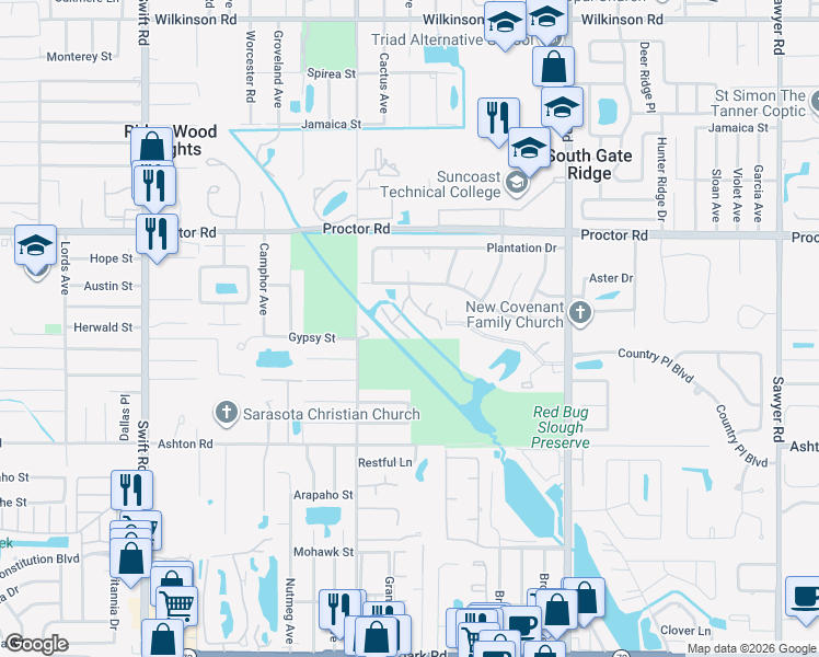 map of restaurants, bars, coffee shops, grocery stores, and more near 3268 Cross Creek Drive in Sarasota