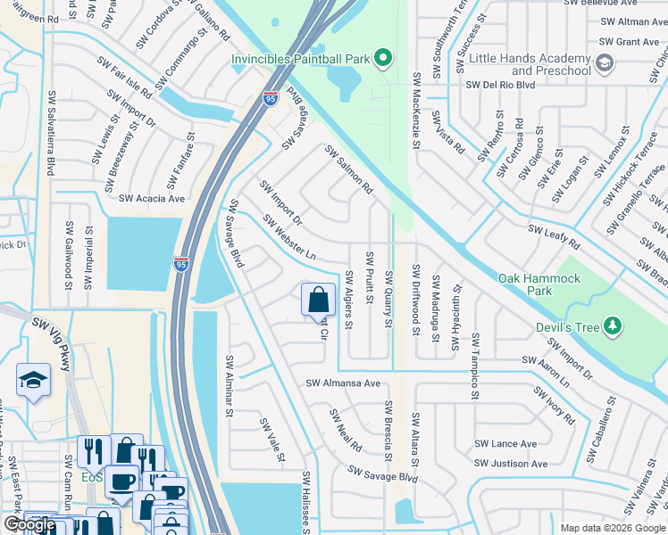 map of restaurants, bars, coffee shops, grocery stores, and more near 2318 Southwest Webster Lane in Port St. Lucie