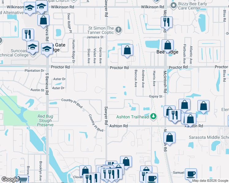 map of restaurants, bars, coffee shops, grocery stores, and more near 4050 Giannini Lane in Sarasota